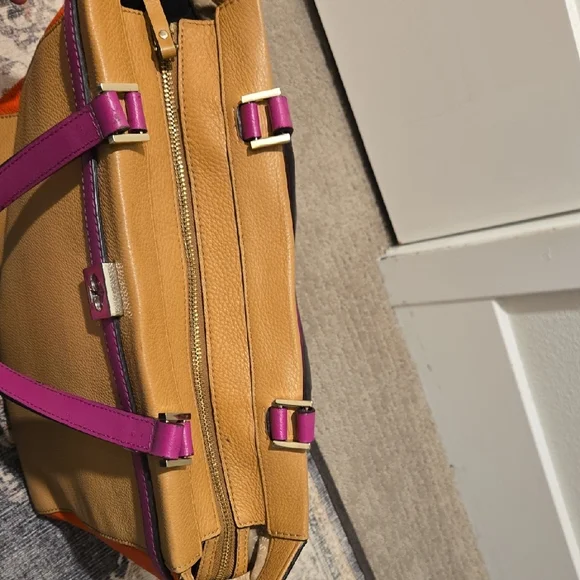 Kate Spade Colorblock Leather Tote Orange Pink Tan Shoulder Work Bag Spring - Picture 6 of 10